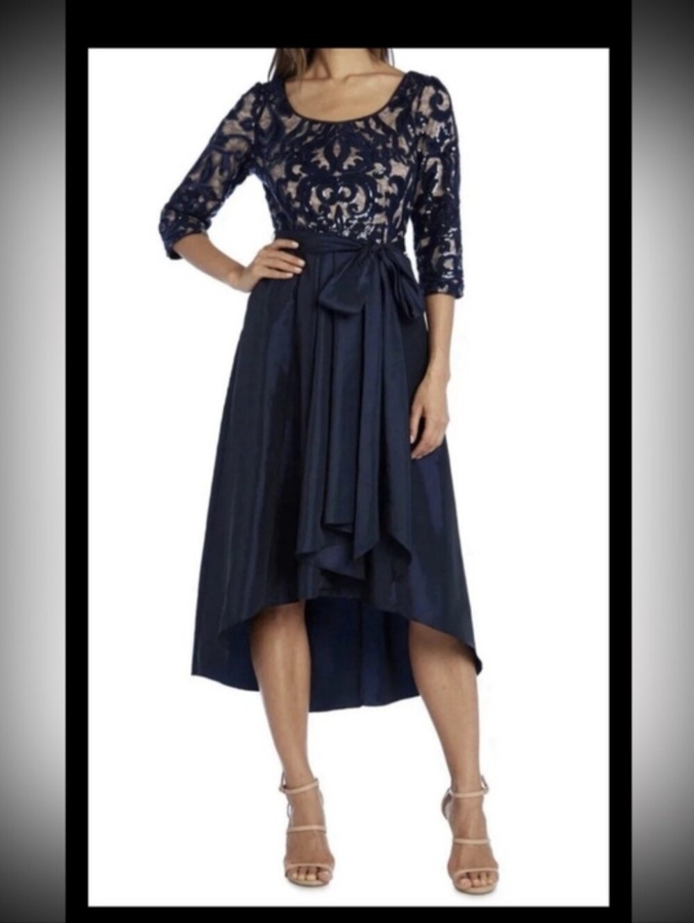 R&M Richards Navy and Tan Lace Bodice Evening Dress